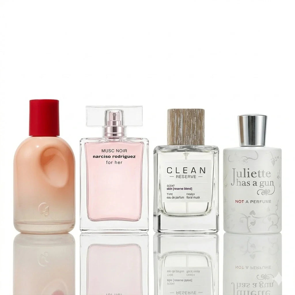Zestaw 4 perfum | Glossier You, Narciso Rodriguez For Her Musc Noir, Clean Reserve Skin, Juliette Has A Gun Not A Perfume