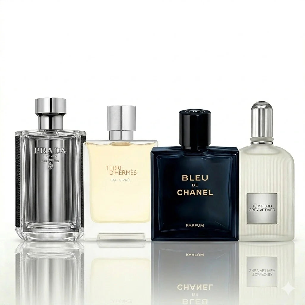 Zestaw 4 perfum | Prada L’Homme, Terre d’Hermès Eau Givrée, Bleu de Chanel Parfum, Tom Ford Grey Vetiver